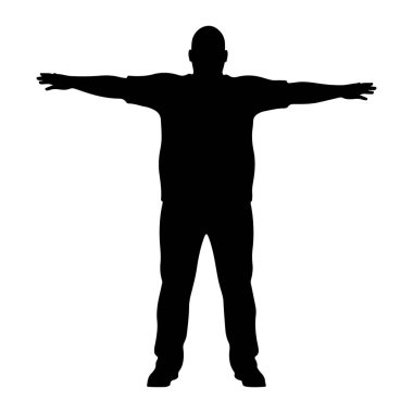 Siyah bir insan silueti kollarını yanlara doğru uzatarak ayakta durur. Kel olan figür tişört ve pantolon giyiyor gibi görünüyor. Arkaplan bembeyaz, siyah siluet ile tam bir kontrast oluşturuyor..