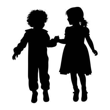 Kıvırcık saçlı siyah bir oğlanın ve at kuyruklu genç bir kızın silueti el ele tutuşuyor. Oğlan pantolon ve gömlek giyiyor, kız da elbise giyiyor. Beyaz bir arkaplanda karşı karşıya duruyorlar..