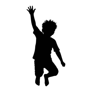 Genç bir çocuğun siyah silueti, beyaz bir arka plana doğru atlayış yaparken yakalandı. Sağ kolu yukarıda, parmakları açık, sanki bir şeye uzanıyor ya da kutluyor gibi. Vücudu dinamik bir pozisyonda, bacakları bükülmüş ve ayakları aşağıya doğru eğik.