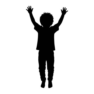Beyaz arka planda siyah bir çocuk silueti tasvir edilir. İki kolu da başının üzerinde yükselirken orta atlamada yakalandı. Çocuk bir tişört ve pantolon giyiyor ve saçı biraz dağınık görünüyor. Genel izlenim bir. 