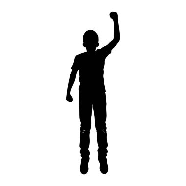 Genç bir çocuğun siyah silueti beyaz bir arkaplanda duruyor. Günlük kıyafetler giyiyor, tişört ve pantolon da dahil. Sağ kolu havada, yumruğunu sıkarak yükseliyor. Bu da zafer ya da zafer işareti olduğunu gösteriyor. Solunda.