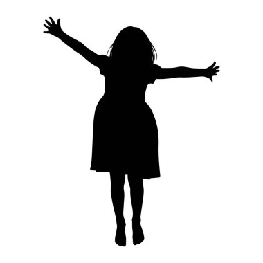Genç bir çocuğun siyah bir silueti. Kolları açık ve geniş. Çocuk bir elbise giyiyor ve hareket halinde gibi görünüyor, muhtemelen zıplıyor ya da dans ediyor. Siluet, düz beyaz bir arkaplanda izole edilmiş..