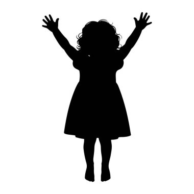 Kıvırcık saçlı siyah bir çocuk silueti elleri açık ve kolları havada duruyor. Çocuk bir elbise giyiyor. Siluet beyaz bir arkaplanda izole edilmiş. Bu da özgürlük ve neşe hissi veriyor..