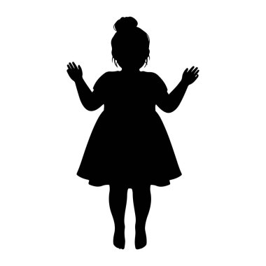 Kolları havada ve elleri açık duran siyah bir çocuk silueti. Çocuk saçlarını kafasının üstünde bir topuz şeklinde şekillendirmiş ve parlak bir elbise giyiyor. Siluet beyaz bir arkaplanda izole edilmiş..