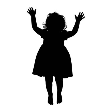 Siyah bir çocuk silueti kollarını beyaz bir arka plana doğru kaldırmış duruyor. Çocuk parlak etekli ve kıvırcık saçlı bir elbise giyiyor. Şekil izole edilmiş ve neşeli ya da kutlama pozu vermiş gibi görünüyor..