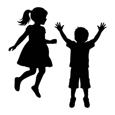 Siyah bir siluet, atkuyruklu, atkuyruklu genç bir kız, atlayışın ortasında ele geçirildi, vücudu sanki zıplıyormuş gibi. Sağında, şortlu ve tişörtlü bir çocuk da atlıyor, kolları heyecandan kalkıyor. Her iki figür de düz bir w 'ye karşı tasvir edilmiştir.