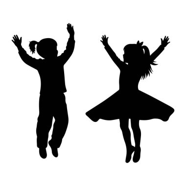 İki çocuğun siyah silueti, bir erkek ve bir kız, kolları havada beyaz bir arka plana doğru yükselirken orta atlamada tasvir edilir. Çocuk solda, pantolon ve uzun kollu bir gömlek giyiyor, saçları at kuyruklu. Kız yayında.