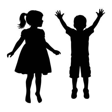 At kuyruklu, elbise giymiş siyah bir kız silueti, kollarını yana açmış duruyor. Onun yanında tişörtlü ve şortlu bir çocuk iki kolunu da havaya kaldırdı. Her iki figür de beyaz arka planda izole edilmiş şekerim.