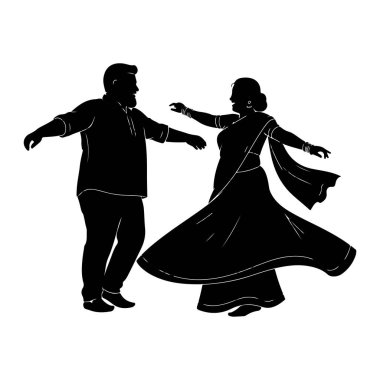 Dans eden bir çiftin siyah silueti. Adam kurta takıyor ve kadın kolunda bilezikler olan bir sari giyiyor. Dinamik bir pozla tasvir edilirler, kolları açık ve sari kadının etrafında akar. Arka plan beyaz, vurgulanıyor. 