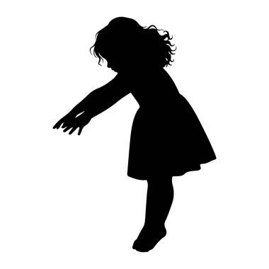 Kıvırcık saçlı, elbise giyen siyah bir çocuğun silueti iki eliyle öne doğru uzanırken resmedilir. Çocuk yan tarafından gösterilir, bir bacağı bükülür ve diğeri hafifçe uzatılır. Arkaplan düz beyaz.