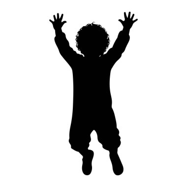 Kıvırcık saçlı bir çocuğun siyah silueti, beyaz bir arka plana atlarken görüntülenir. Çocuğun kolları başının üstüne yükselir ve bacakları sanki enerji dolu bir sıçramanın doruğundaymış gibi bükülür. Siluet simsiyah, nükteli