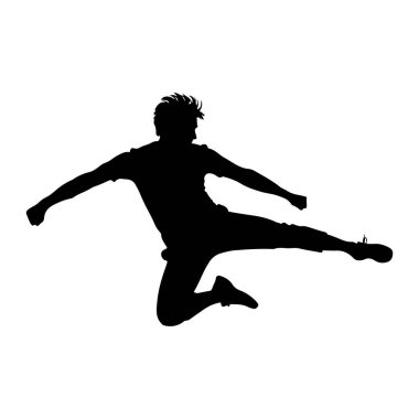 Havadaki bir erkek figürünün siyah silueti dinamik bir tekme atıyor. Şekil yoğun bir hareket anında yakalanıyor, bir bacağı öne uzanıyor ve diğeri eğiliyor. Kollar açık, denge ve po hissine katkıda bulunuyor.