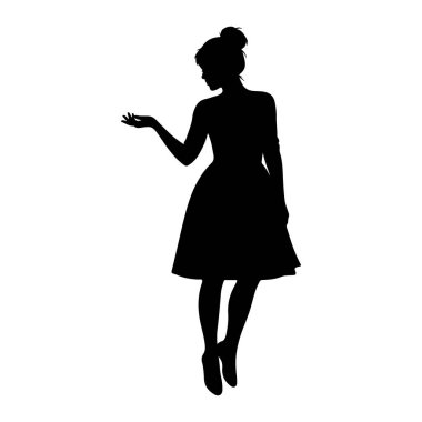 Zarif bir pozisyonda duran siyah bir kadın silueti. Bel hizasında parlayan bir elbise giyiyor ve saçı topuz şeklinde. Sol eli dışa doğru uzanıyor. Arkaplan düz beyaz.