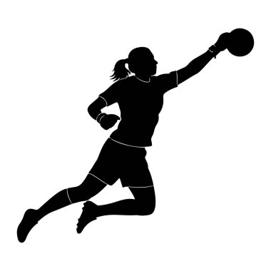 Havada zıplayarak top yakalayan siyah bir bayan atlet silueti. Spor kıyafetleri giyiyor. Şort, tişört ve eldiven de dahil. Kolu topa doğru uzanıyor ve vücudu dinamik ve atletik bir pozisyonda. At kuyruğu çok güzel.