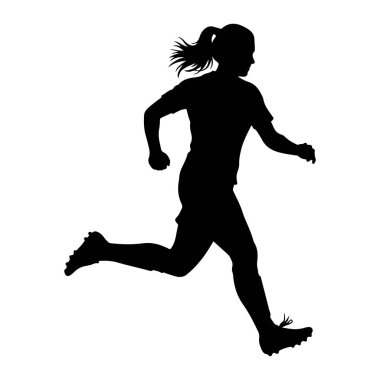 Beyaz bir arka planda hareket eden siyah bir bayan atlet silueti. Sağ bacağı önde ve sol bacağı arkada uzanmış bir şekilde koşarken resmedilmiştir. Kolları dirseklerinden bükülmüş, bu da ileri momentum olduğunu gösteriyor. Saçları var. 