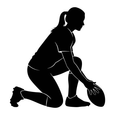 Diz çöküp rugby topu tutan siyah bir bayan atlet silueti. At kuyruğu var ve atletik kıyafetler giyiyor. Görüntü, beyaz arkaplana karşı temiz ve grafik bir gösterim..