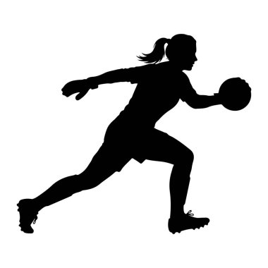 Siyah siluet bir kadın futbol kalecisinin top yakalamak için ileri doğru hamlesini yapıyor. Şortu ve kramponları olan bir üniforma giyiyor ve saçları at kuyruğu şeklinde bağlanmış. Görüntü, siyahın beyaza katıksız karşıtlığı, dy 'yi vurguluyor.