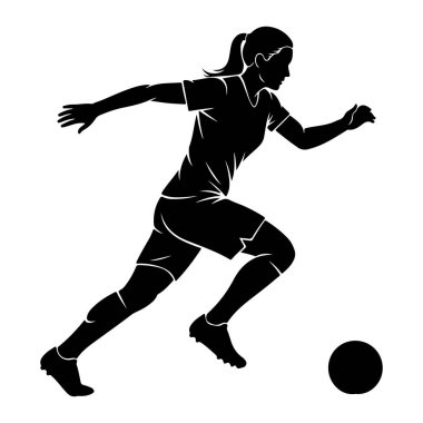 Hareket halindeki bir kadın futbolcunun silueti futbol topu sürüyor. O, üzerinde kramponları olan bir tişört ve şort giyiyor. Saçları at kuyruğu şeklinde geri çekiliyor. Görüntü, beyaz arkaplandaki siyah beyaz bir grafiktir.