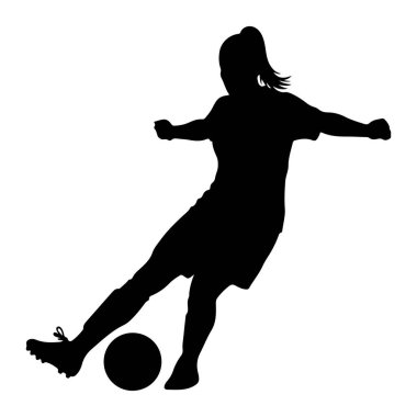 Bir futbol topunu tekmeleyen hareketli bir kadın futbolcunun siyah silueti. Kısa kollu bir gömlek ve şort giyiyor, saçı at kuyruğu şeklinde bağlanmış. Kolları denge için açık, ve bedeni ba 'ya vururken açılı.