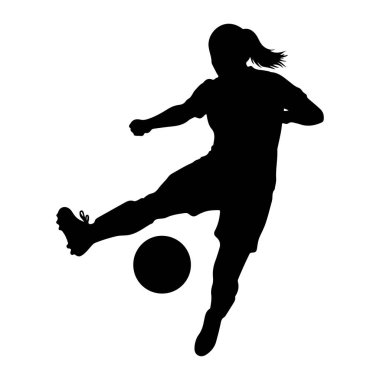 Siyah siluet bir kadın futbolcunun futbol topunu tekmelerken görüntüsü. Saçları at kuyruklu bir gömlek ve şort giyiyor. Beyaz arkaplanda izole edilmiş bir görüntü, sporcunun hareketini ve dinamik duruşunu vurguluyor..