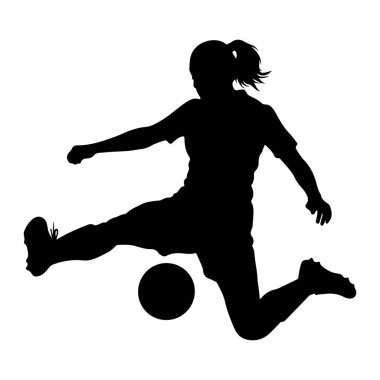 Havada futbol topu tekmeleyen bir kadın futbolcunun siyah silueti. Vücudu açılı, bir bacağı topa vurmak için uzatılmış ve diğeri denge için eğilmiş. Arkasında bir at kuyruğu var. Görüntü beyaz bir sırt üzerinde izole edilmiştir.