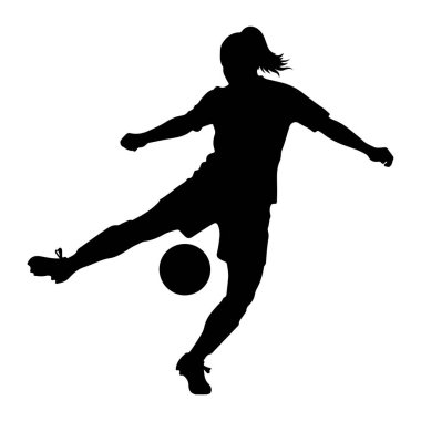 Hareket halindeki bir bayan futbolcunun siyah silueti, tekmenin ortasında yakalandı. O bir tişört ve şort giyiyor, saçları at kuyruğu ile bağlanmış. Futbol topu ayağının yanına yerleştirilmiş, vurulmaya hazır. Görüntü düz bir beyaz üzerine kurulmuş. 