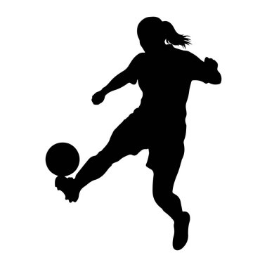 Sağ ayağıyla futbol topunu tekmeleyen hareketli bir kadın futbolcunun siyah silueti. Oyuncu saçını at kuyruğu ile arkaya bağlamış ve atletik kıyafetler giyiyor. Arkaplan düz beyaz.