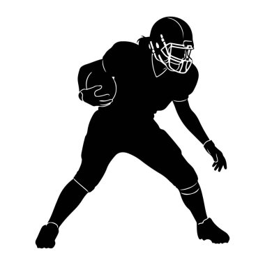 Sağ kolunda futbol topu tutan bir Amerikan futbolcusunun siyah silueti. Oyuncu kask ve üniforma giyiyor, bacakları açık bir şekilde koşuyor. Resim beyaz bir arkaplanda izole edilmiştir.