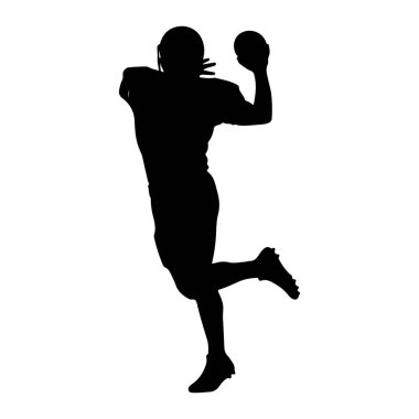 Atışın ortasında siyah bir futbolcunun silüeti. Oyuncu kask ve üniforma giyiyor, top da kolunda. Vücutları açılı, hareket ve çaba gösteriyor. Arka plan bembeyaz..