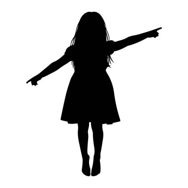 Genç bir kızın siyah silueti beyaz bir arkaplanda duruyor. Uzun, dalgalı saçları var ve kabarık kollu basit bir elbise giyiyor. Kolları yanlara doğru uzanıyor ve her iki işaret parmağı da zıt yönleri işaret ediyor, Su.