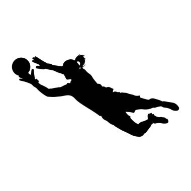 Havada top yakalamak için dalan bir kadın kalecinin siyah silueti. Eldiven giyiyor ve saçları at kuyruğu şeklinde bağlanmış. Resim, kaydetmenin dinamik eylemini vurgulayan beyaz bir arkaplan üzerinde izole edilmiştir.