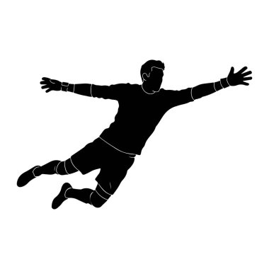 Kurtarmak için dalan bir futbol kalecisinin siyah silueti. Oyuncu, kollarını açmış eldivenli bir üniforma giyiyor. Görüntü, dinamik eylem ve atletik duruşu vurgulayan beyaz bir arkaplanda izole edilmiştir..