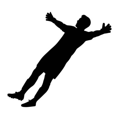 Bir futbol kalecisinin siyah silueti dinamik bir dalış pozuyla tasvir edilir. Şekil, kolları açık ve bacakları açık bir şekilde orta hareketin ortasında çekiliyor, bu da bir kurtarma ya da dalış olduğunu gösteriyor. Siluet temiz beyaz bir arkaplanda izole edilmiş, EMP