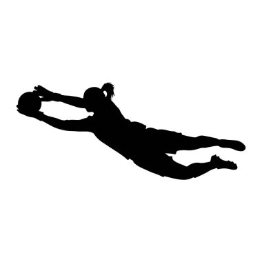 Havada top yakalamak için dalan bir kadın kalecinin siyah silueti. Kolları açık ve elleri topu emniyete almak için pozisyonda. Bu figür dinamik bir pozla resmedilmiş, bu da yoğun atletik hareketi ve odak noktasını