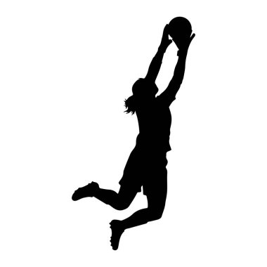 Siyah siluet bir kadın futbol kalecisi havada, kollarını uzatarak bir topu yakalamak için yukarı sıçrıyor. Oyuncu üniforma ve krampon giyiyor, saçları geriye doğru akıyor. Görüntü, beyaz bir taşralıya karşı katıksız siyah beyaz bir grafiktir.