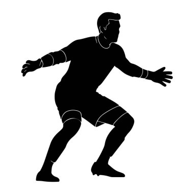 Dinamik ve hazır vaziyette bir erkek futbol kalecisinin siyah silueti. Eldivenler, atletik şortlar ve beyaz çizgili gömlekler giyiyor. Rakam, atletik duruşu ve yeniden adreslenmeyi vurgulayan düz beyaz bir arkaplan üzerine kurulmuştur.