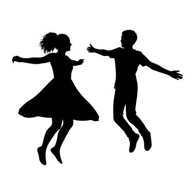 Dalgalı elbiseli siyah bir kadın ve tişörtlü ve pantolonlu genç bir adam dans ederken beyaz bir arkaplanda yakalanır. Kadının kolları açık ve vücudu dinamik bir pozisyonda hareket ve neşe gösteriyor. Adam.