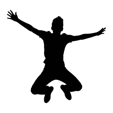 Siyah bir insan silueti havada yakalanır ve kolları yanlara doğru açılır. Şekil, dinamik duruşu ve özgürlük duygusunu vurgulayan katıksız beyaz bir arkaplana karşı resmedilmiş. Vücut açılı, bacakları bükülmüş gibi.
