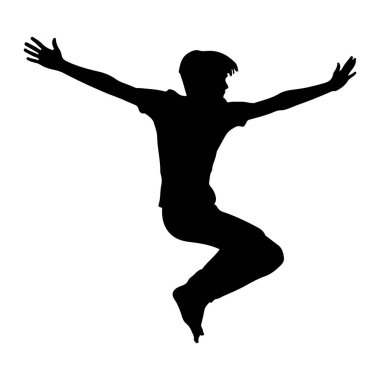 Siyah bir siluet havada bir insan, kolları geniş ve bacakları bükülmüş. Şekil, enerji ve özgürlük hissiyle zıplıyor ya da sıçrıyor gibi görünüyor. Siluet, bembeyaz bir arkaplan üzerinde durarak, şekil ve hareketçileri vurguluyor.