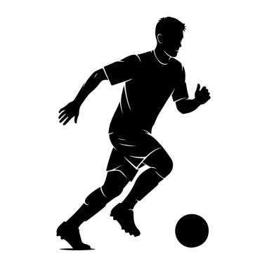 Siyah siluet bir erkek futbolcunun hareket halinde, top sürüyor. Oyuncu bir tişört ve şort giyiyor, ayaklarında kramponlar var. Arka plan düz beyaz, sporcunun dinamik duruşunu vurguluyor..