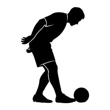 Hareket halindeki bir erkek futbolcunun siyah silueti bir futbol topuna tekme atmak için eğiliyor. Oyuncu bir tişört ve şort giyiyor, ayaklarında kramponlar var. Görüntü, sporcunun dinamik duruşunu vurgulayan düz beyaz bir arkaplan üzerine kurulmuştur.