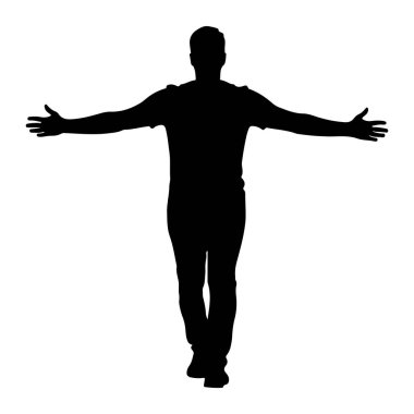 Siyah bir adam silueti kollarını yanlara doğru açmış duruyor. O bir tişört ve pantolon giyiyor. Arka plan bembeyaz..