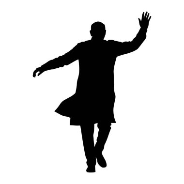 Bir adamın siyah silueti sol kolu yukarı doğru uzanmış ve eli el sallayarak açıktır. O, altta parlayan uzun bir ceket ve pantolon giyiyor. Sağ kolu hafifçe yana doğru uzanıyor. Şekil izole edilmiş. 