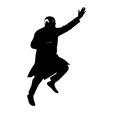 Uzun paltolu bir adamın siyah silueti havada gösteriliyor, atlıyor ya da sıçrıyor gibi görünüyor. Sağ kolu başının üstünde, eli açık bir şekilde duruyor. Şekil, düz beyaz bir arkaplan karşısında profilde gösterilir.