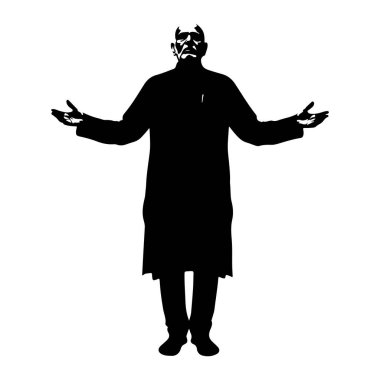 Siyah bir adam silueti kollarını yanlara doğru açmış duruyor. O uzun bir ceket ve pantolon giyiyor. Siluet beyaz bir arkaplan üzerinde durmaktadır. Keskin çizgiler şeklini ve yüz hatlarını belirler. Küçük bir detay, muhtemelen bir...