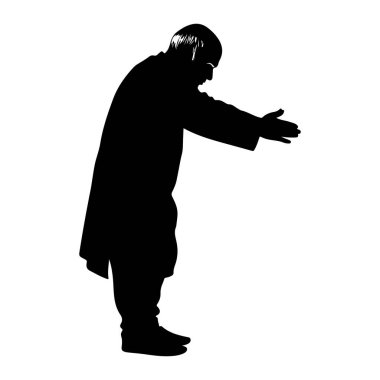 Bir adamın siyah silueti, yandan sağa dönük olarak tasvir edilir. Geleneksel ya da resmi gibi görünen uzun bir palto ve pantolon giyiyor. Vücudu hafifçe öne doğru bükülmüş ve kolları avuçlarıyla ileri doğru uzamış.