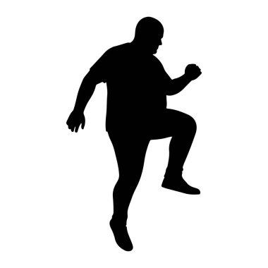 Bir adamın siyah silueti profilde, orta basamakta, yüksek diz hareketi yaparken tasvir edilir. Sol bacağı diz üstü çökmüş, sağ bacağı geriye doğru uzamış. Kolları bükülmüş, sağ yumruğu sıkılmış ve kaldırılmış.