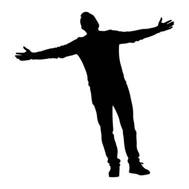 Siyah bir adam silueti kollarını yana doğru uzatmış, avuçlar öne bakıyor. O günlük kıyafetler giyiyor, bir tişört, kot pantolon ve ayakkabılar dahil. Kafası hafifçe geriye doğru eğilmiş ve vücudu bir tarafa doğru eğilmiş. Siluet