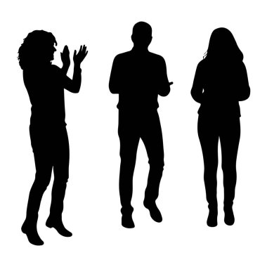 Üç siyah siluet beyaz arka planda duruyor. Soldaki kadın kıvırcık saçlı bir kadın, ellerini çırpıyor. Ortadaki adam bir adam, elindeki telefona yukarıdan bakıyor. Sağdaki kişi ise... 