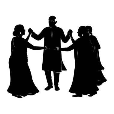 Siyah bir siluet, bir grup insanın el ele tutuşarak dans edişini tasvir ediyor. Merkezdeki bir erkek geleneksel kıyafetler giyerken, her iki taraftaki iki kadın da akıcı kıyafetler giyip kültürel bir dans veya kutlama öneriyor. Tam bir dolandırıcılık.